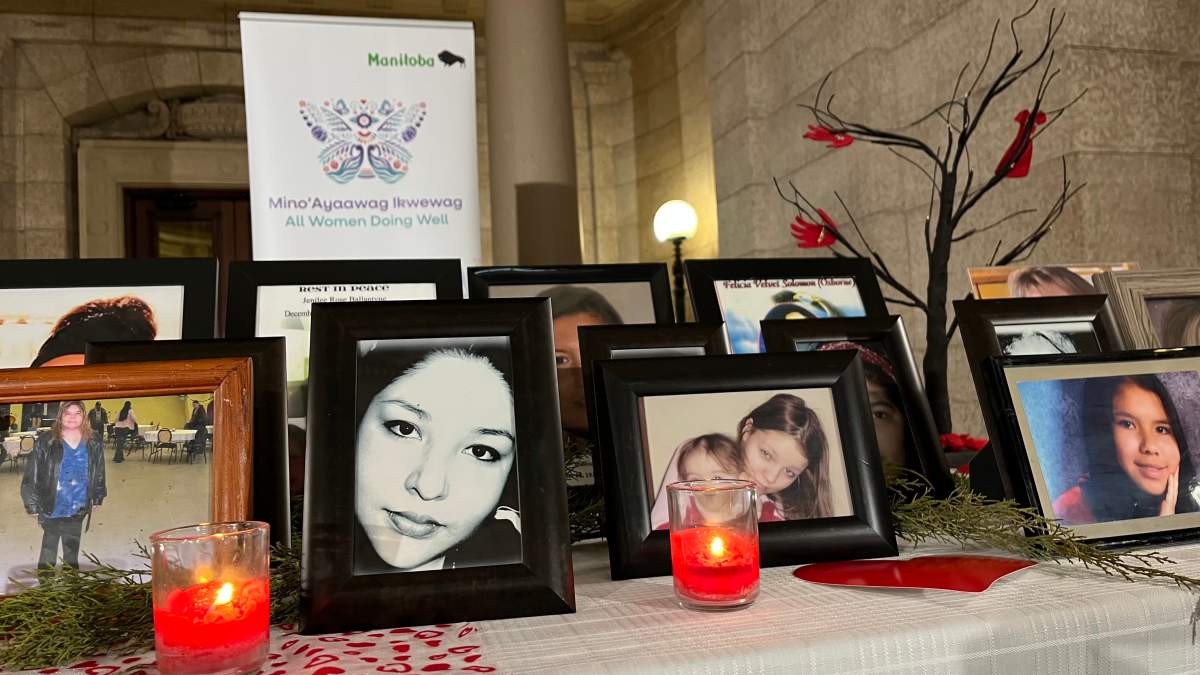 Images of missing and murdered Indigenous women and girls are displayed at the Manitoba Legislative Building on Friday, Feb. 14, 2025.