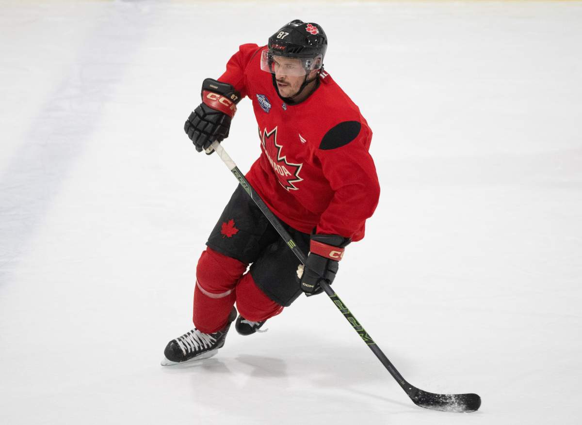 Canada's Sidney Crosby skates during 4 Nations Face-Off hockey practice in Brossard, Que. on Monday, Feb. 10, 2025.