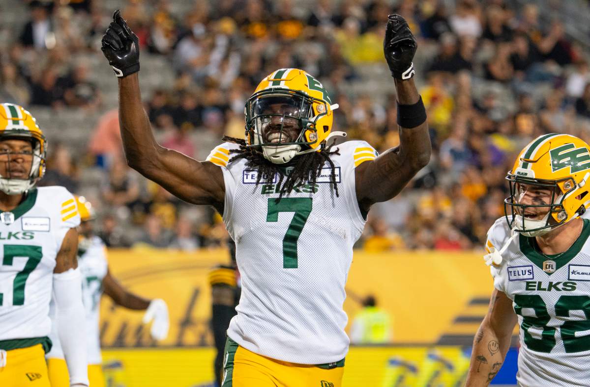 Elks receiver Steven Dunbar Jr. celebrates a touchdown in Hamilton during the 2023 CFL season.