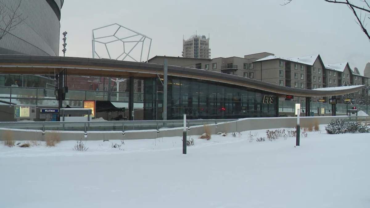The Edmonton Police Service investigating a death on the MacEwan LRT station platform beside Rogers Place on Thursday, Feb. 6, 2025.