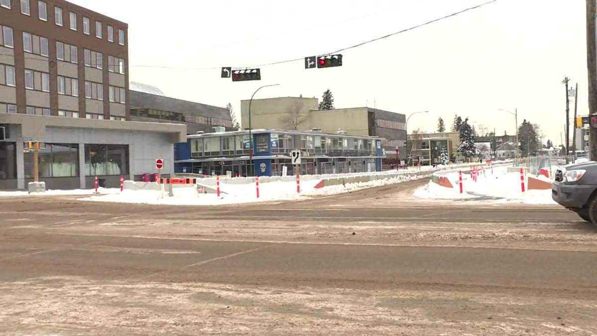 Valley Line LRT West construction along Stony Plain Road at 124 Street in February 2025.