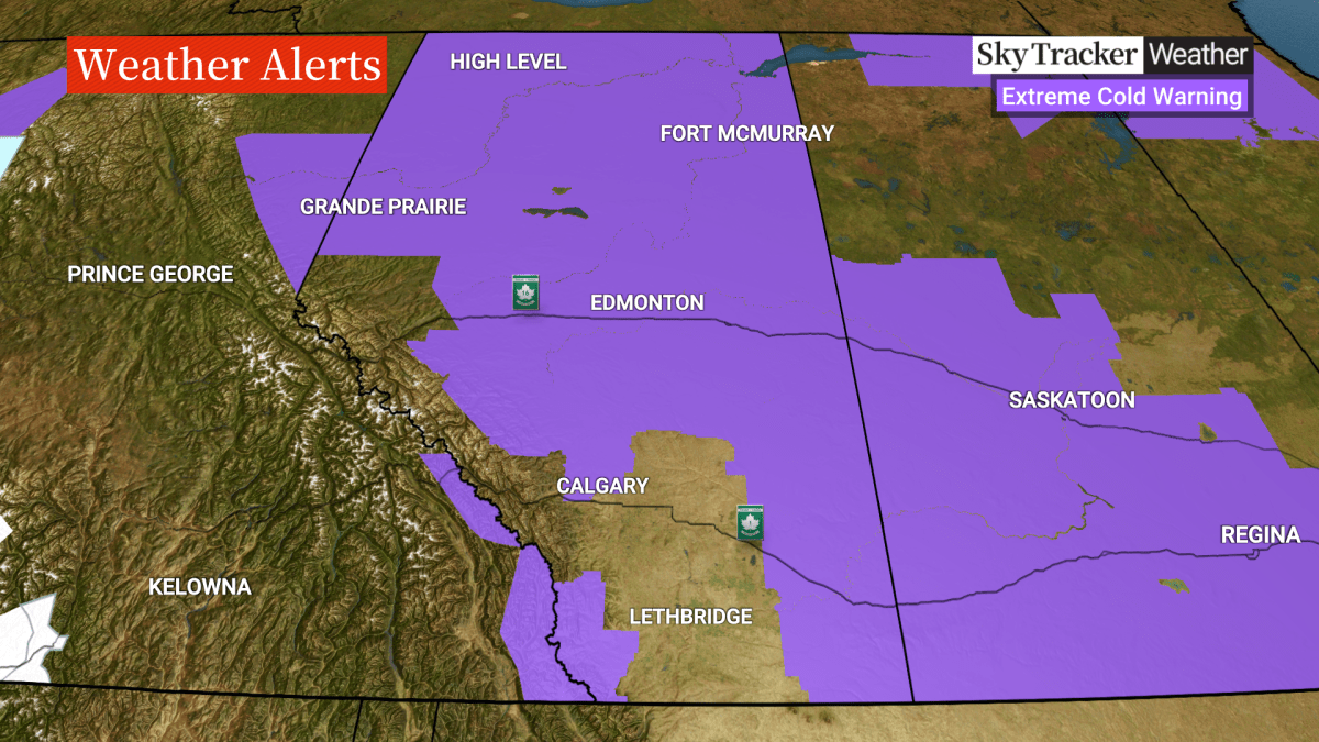 Environment Canada has issued extreme cold warnings for much of Alberta, with overnight lows on Monday expected to dip to near -50 with the wind chill in some of the more remote parts of the province.