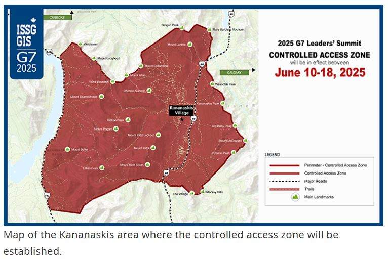 This map, released by the Integrated Safety and Security Group, which will be providing security at the G7 summit in Kananaskis in June 2025, shows a large area that the general public will not have access to during the summit.