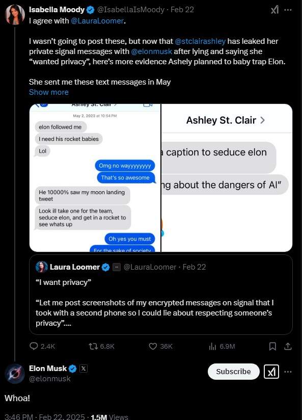 Elon Musk responds to Isabella Moody's tweet about Ashley St. Clair.
