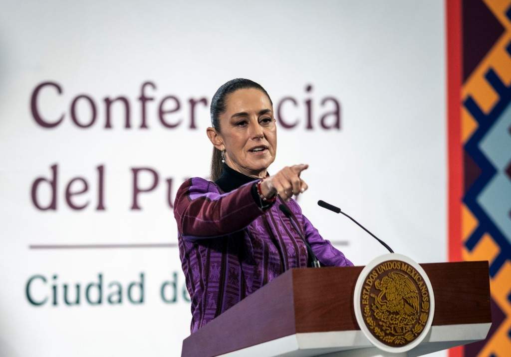 Claudia Sheinbaum, Mexico's president, during a press conference at the National Palace in Mexico City, Mexico, on Thursday, Feb. 20, 2025.