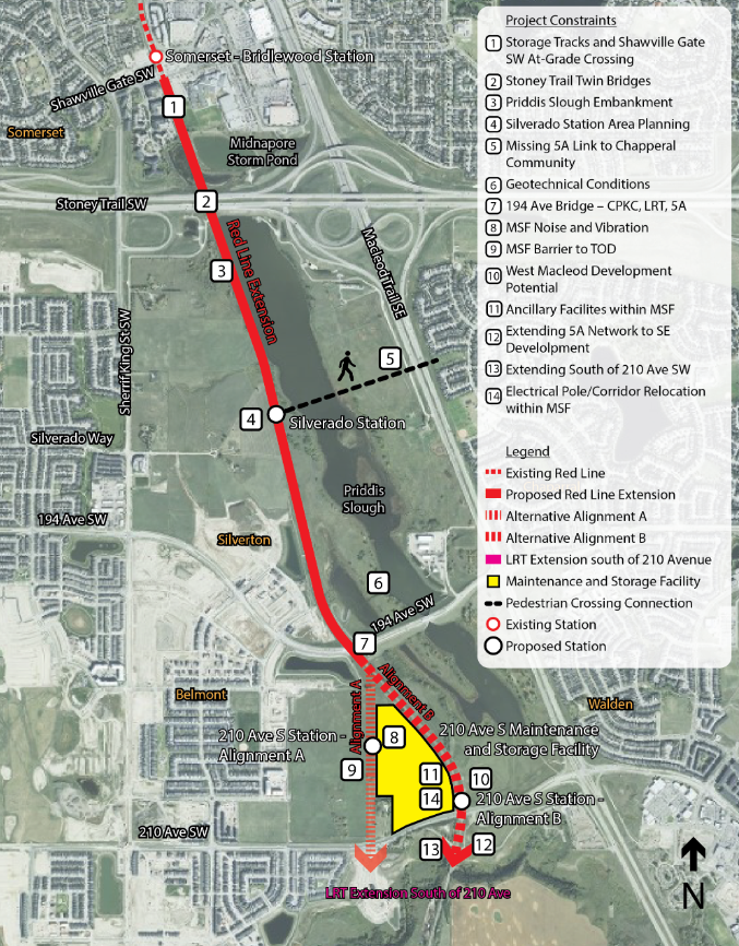 A map showing the scope of a City of Calgary functional study to extend the Red Line LRT further south.