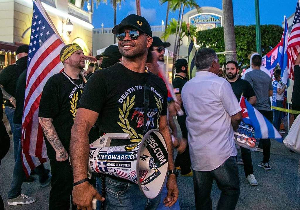 Enrique Tarrio, former Proud Boy leader, in front of the Versailles Restaurant in Miami, before his arrest in connection with the storming of the Capitol.