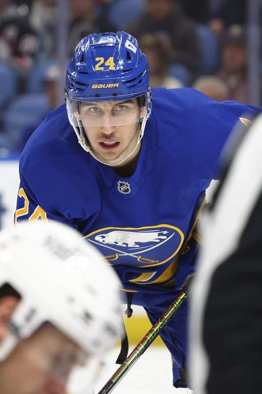 Buffalo Sabres centre Dylan Cozens (24) lines up for a faceoff during the second period of an NHL hockey game against the Seattle Kraken Saturday, Jan. 11, 2025, in Buffalo, N.Y.