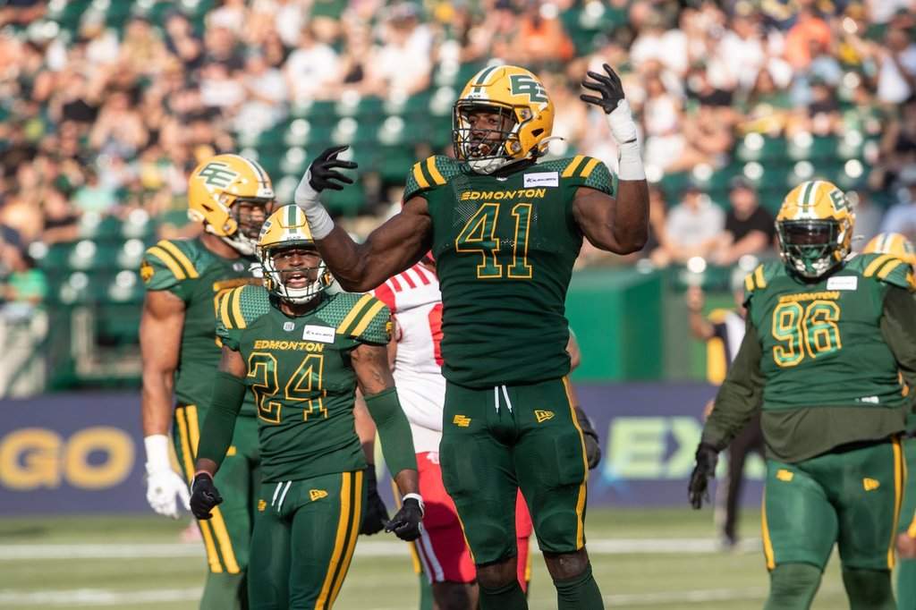 Edmonton Elks Elliott Brown (41) celebrates a tackle on the Calgary Stampeders with Darrius Bratton (24) during CFL action in Edmonton on Saturday Sept. 7, 2024. Brown's immediate future includes preparing for the Arizona Cardinals' training camp. But he's also planting the seeds for life after football via the CFL's mentorship program.