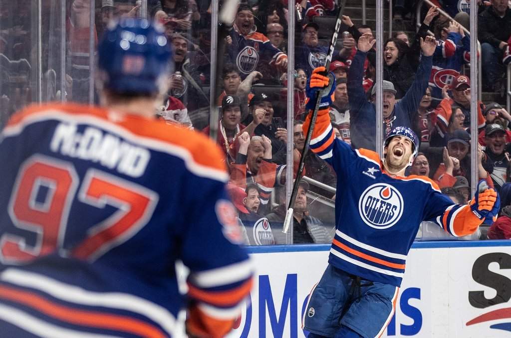 Edmonton Oilers' Evan Bouchard (2) celebrates his game-winning goal against the Montreal Canadiens during overtime NHL action in Edmonton on March 6, 2025.