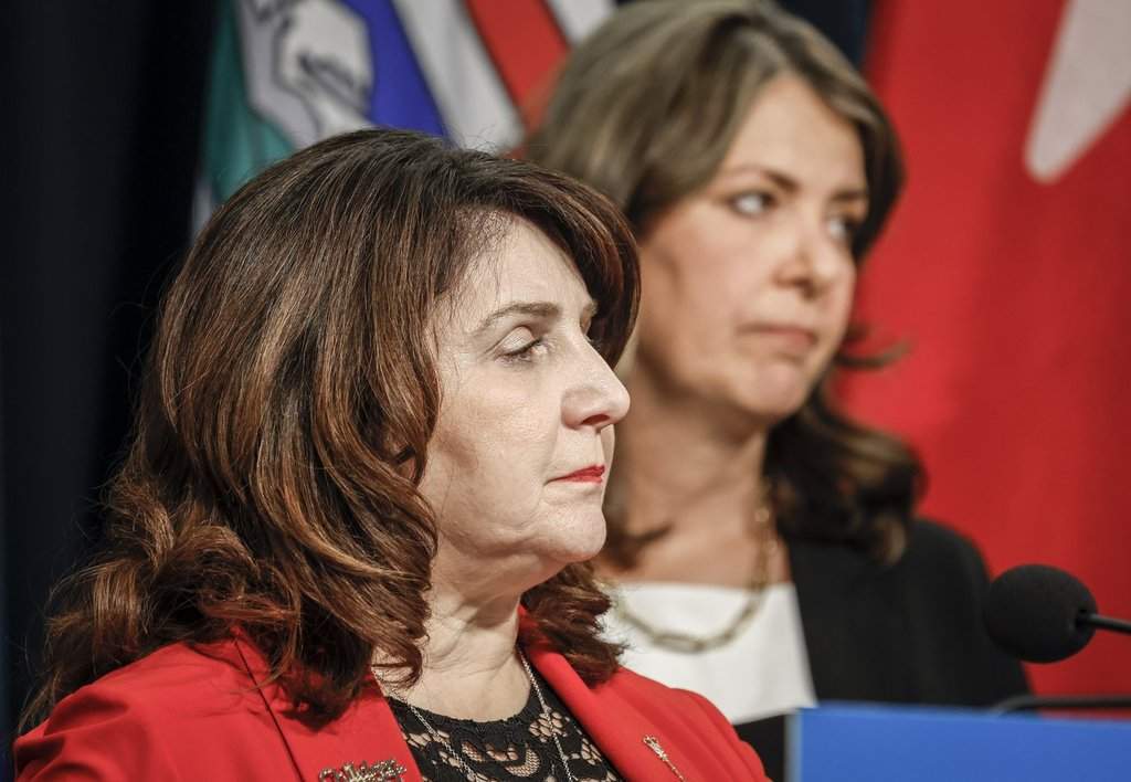 Alberta's Chief Electoral Officer confirmed Friday that he has received four more applications for MLA recall petitions, including one for embattled Health Minister Adriana LaGrange, pictured here with Premier Danielle Smith at a press conference in Calgary in February 2025.