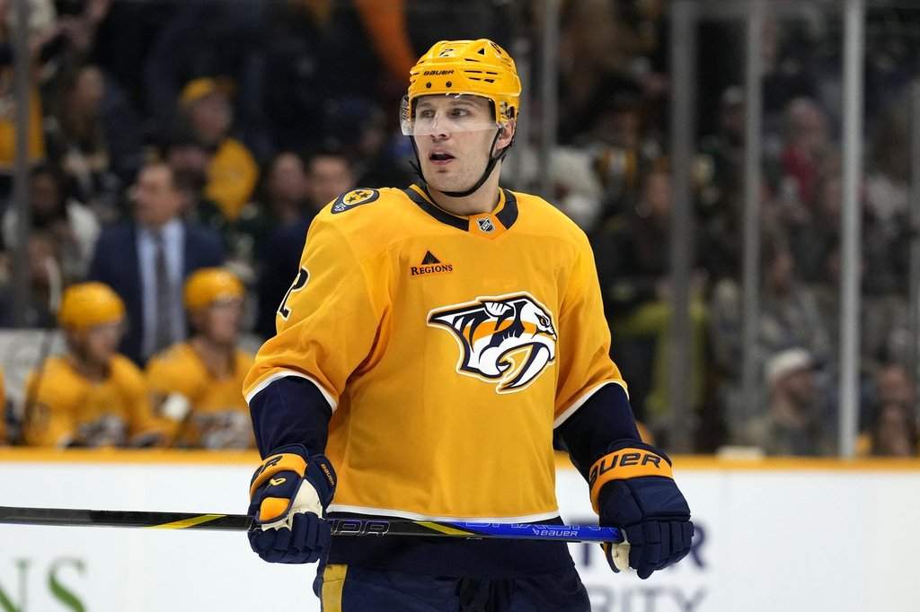 Nashville Predators defenceman Luke Schenn plays against the Minnesota Wild during the second period of an NHL hockey game Saturday, Jan. 18, 2025, in Nashville, Tenn. (AP Photo/Mark Humphrey).