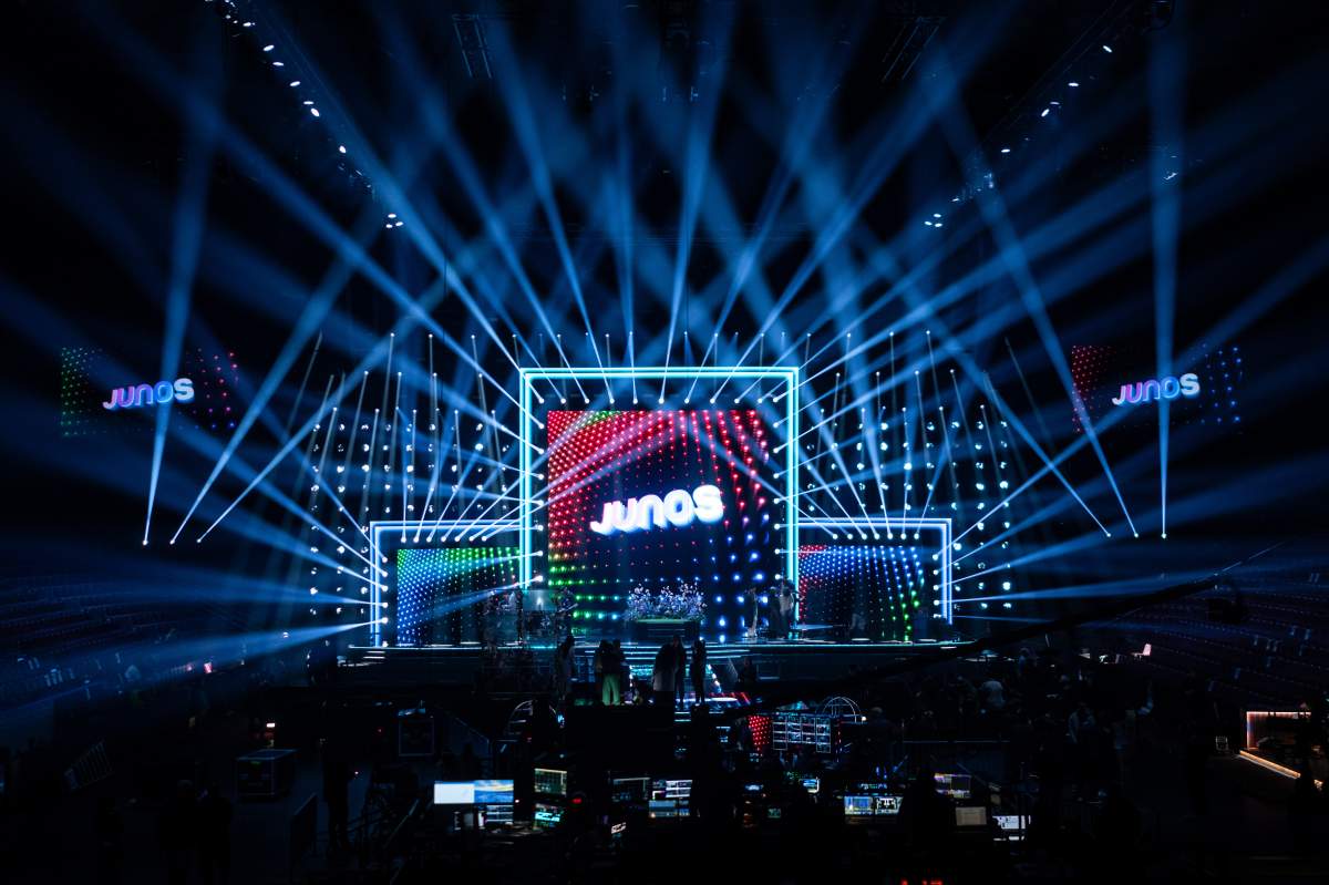 A lighting rehearsal is performed during a preview of the Juno awards set, on Friday, March 28, 2025. 