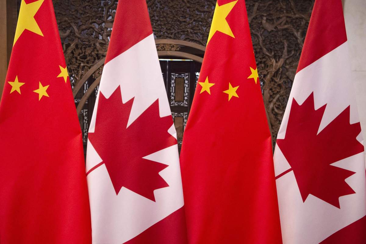 This Dec. 5, 2017, photo shows flags of Canada and China