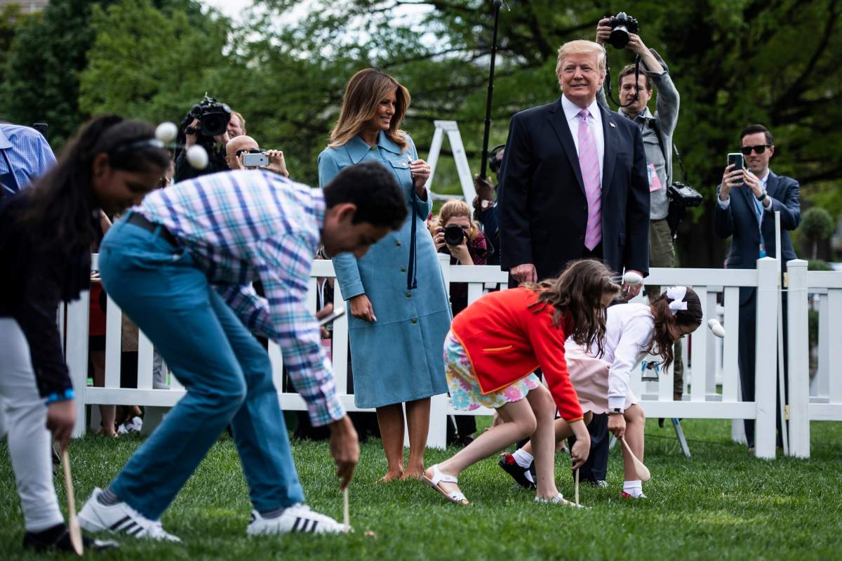 President Donald J. Trump and First Lady Melania Trump participate in the White House Easter Egg Roll on the South Lawn at the White House on Monday, April 22, 2019 in Washington, DC.
