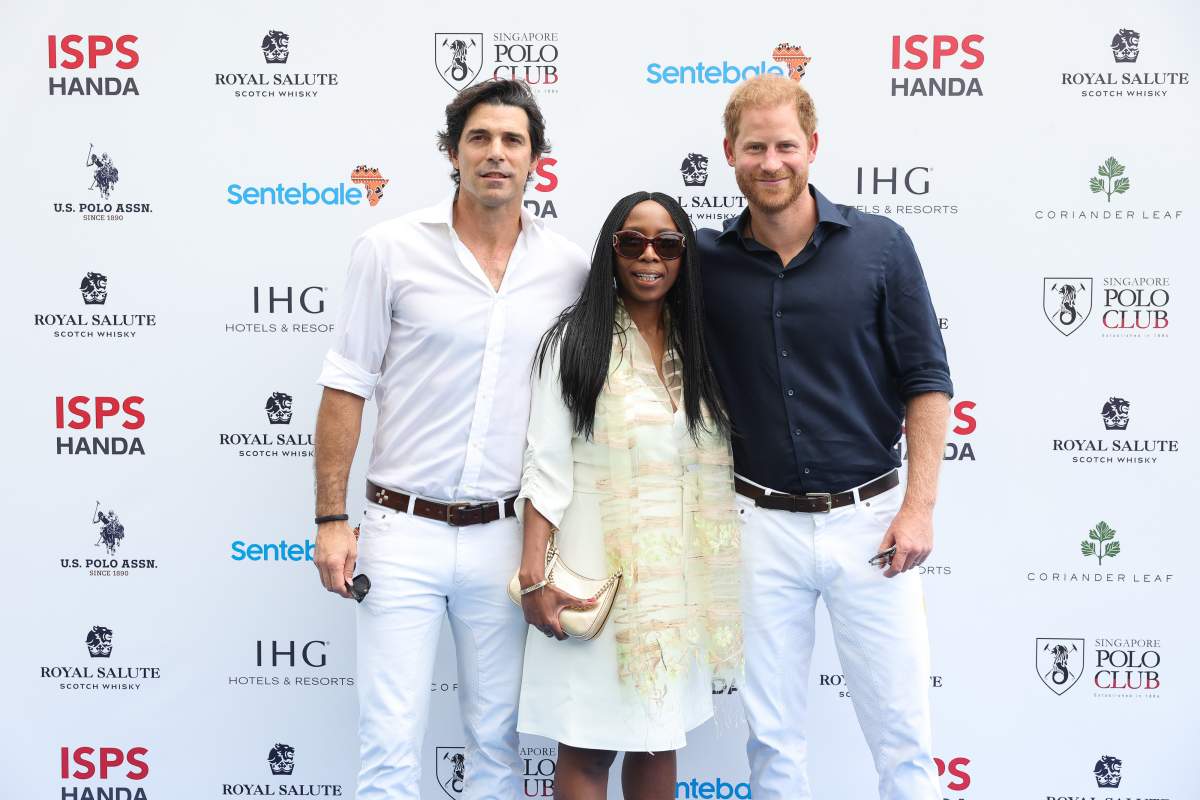Dr Sophie Chandauka MBE, Chair of Sentebale, Nacho Figueras, Sentebale Ambassador and Prince Harry, Duke of Sussex, Co-Founding Patron of Sentebale, pose for a photo during the Sentebale ISPS Handa Polo Cup on August 12, 2023 in Singapore.