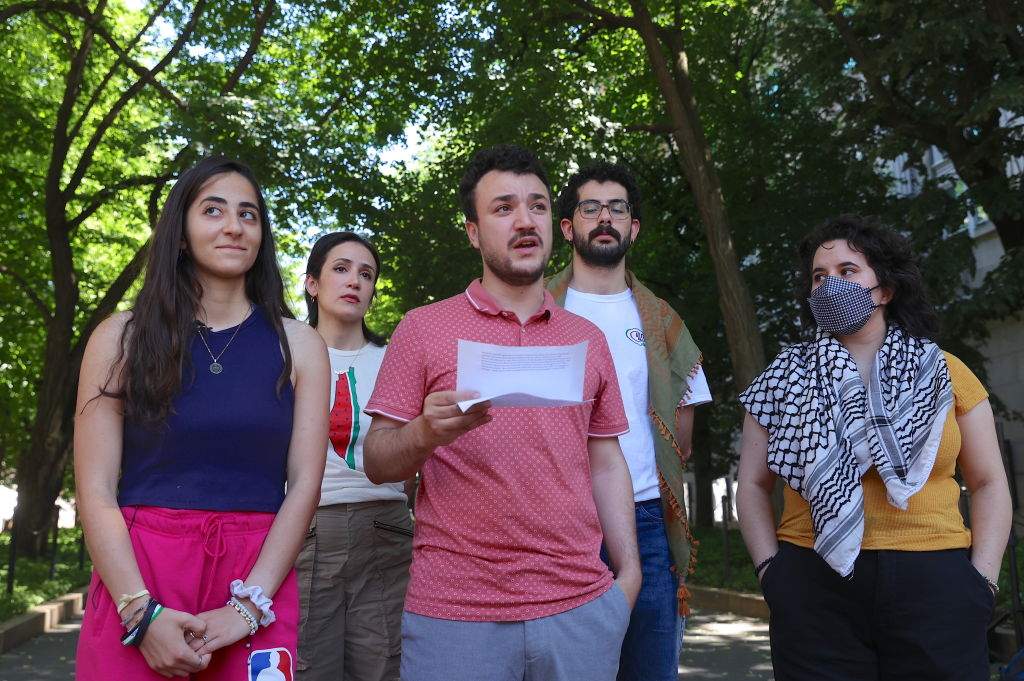 Columbia University student Mahmoud Khalil (C) talks to the press during the press briefing organized by Pro-Palestinian protesters who set up a new encampment at Columbia University's Morningside Heights campus on Friday evening, in New York City, United States on June 01, 2024.