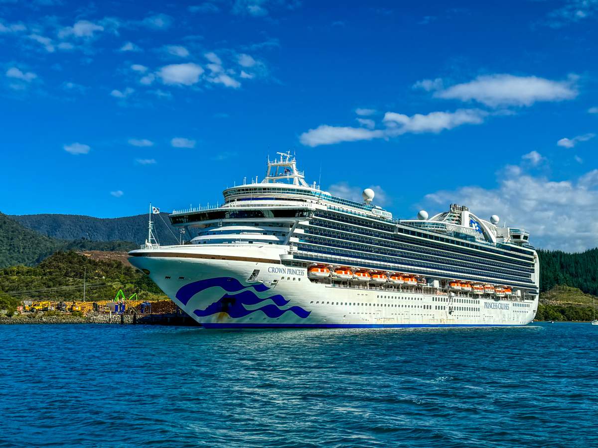 Port side view from water level of the large cruise ship Crown Princess docked in Picton, a town on the north coast of the South Island in New Zealand - October 22, 2024.