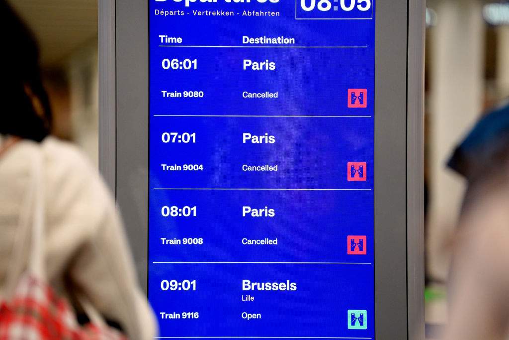 A view of a departures screen at St Pancras International station in London, after Eurostar trains to the capital have been halted following the discovery of an unexploded Second World War bomb near the tracks in Paris. Picture date: Friday March 7, 2025. (Photo by James Manning/PA Images via Getty Images)