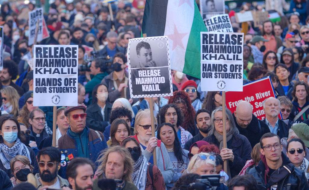 Protestors gather in Foley Square and march through the streets of Lower Manhattan in protest of the detention of Palestinian student activist and Columbia University student Mahmoud Khalil (not seen) by U.S. Immigration and Customs Enforcement (ICE) in New York, United States on March 10, 2025. (Photo by Selcuk Acar/Anadolu via Getty Images)