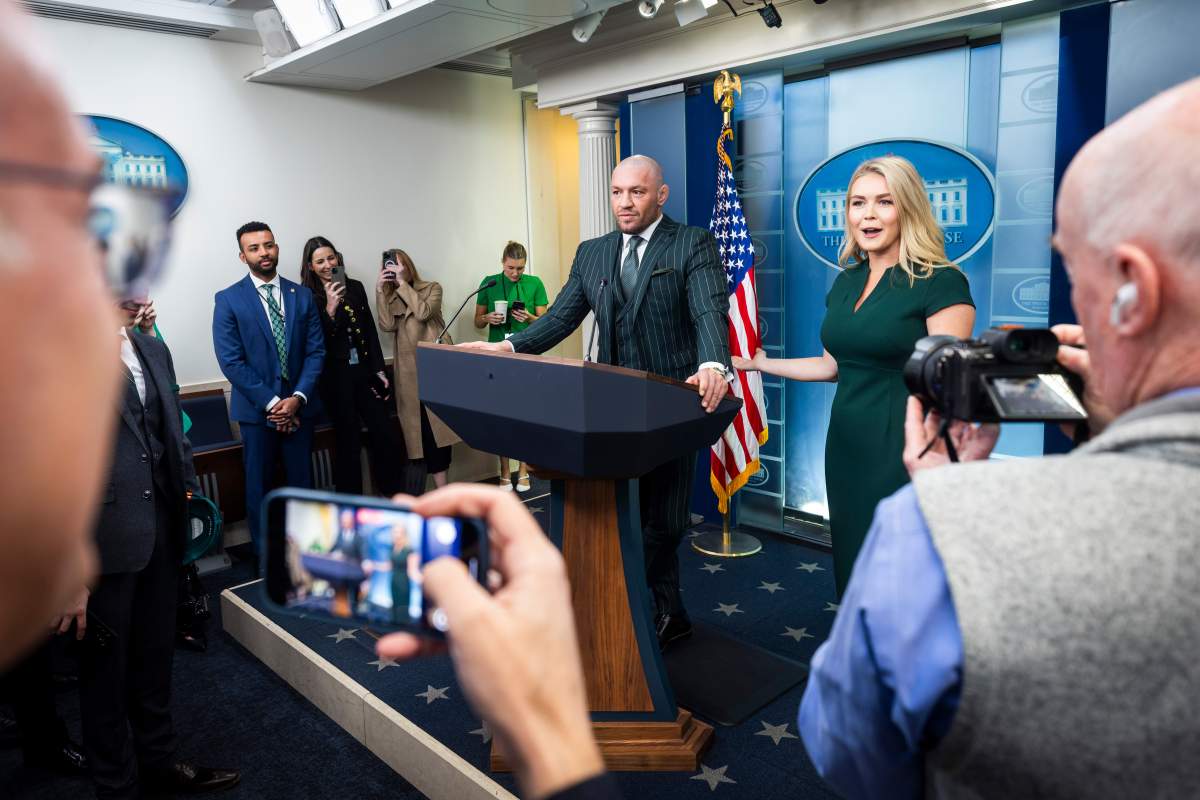 UFC fighter Conor McGregor speaks in the James S. Brady Press Briefing Room of the White House in Washington, DC, US, on Monday, March 17, 2025. McGregor said he was meeting with US President Donald Trump later in the day.