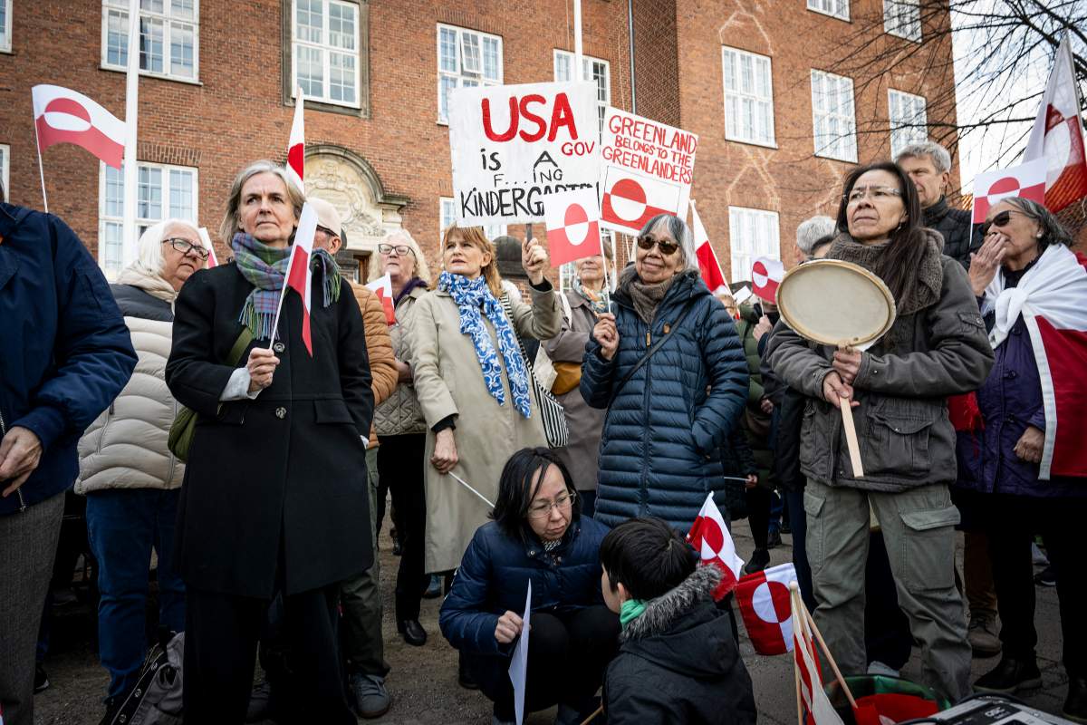 People protest against the American pressure taking place against Greenland and Denmark, in front of the American Embassy in Copenhagen on March 29, 2025.