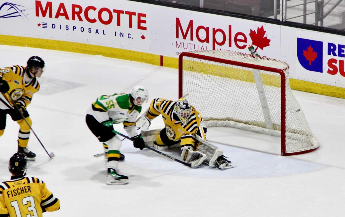 Rene Van Bommel scores the first of his three goals on the day as the London Knights defeated the Sarnia Sting on March 9, 2025 at the Progressive Auto Sales Area.