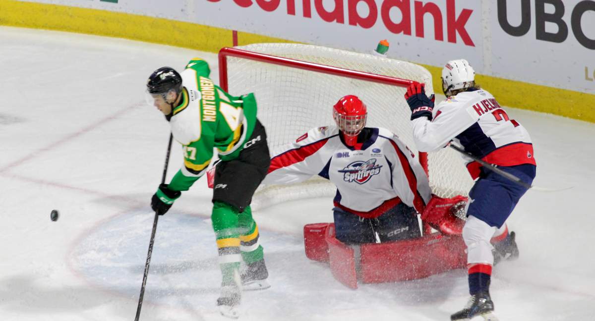 Blake Montgomery of the London Knights makes a move in front of the Windsor Spitfires net in a 6-2 London win at Canada Life Place on March 21, 2025.