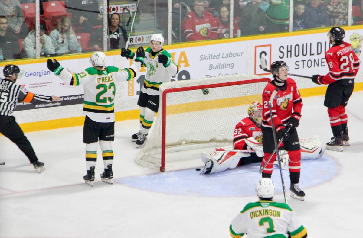 The London Knights celebrate Sam O'Reilly's game-winning goal in Game 3 of their first round series against the Owen Sound Attack.
