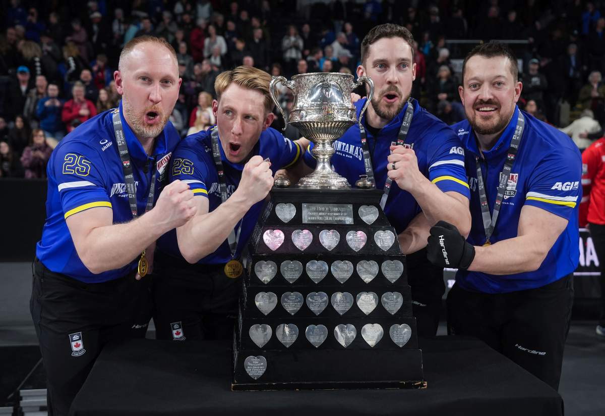 Alberta-Jacobs skip Brad Jacobs, from left to right, third Marc Kennedy, second Brett Gallant, and lead Ben Hebert pose with the Brier tankard after defeating Manitoba-Dunstone during the final at the Brier, in Kelowna, B.C., on Sunday, March 9, 2025.