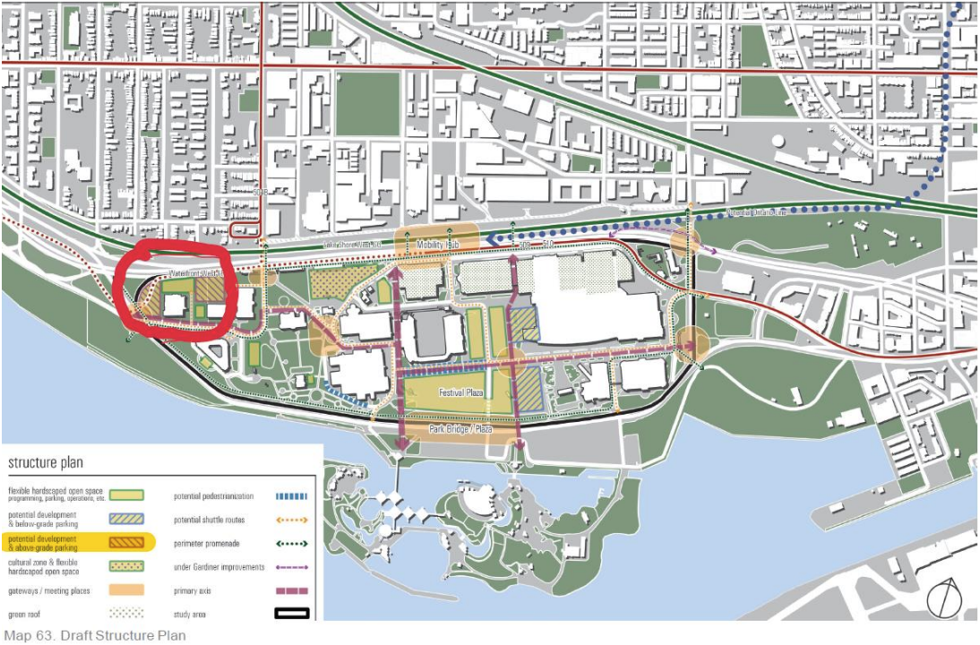 A map sent by a Toronto staff member identifying one potential area for an above-ground parking lot.