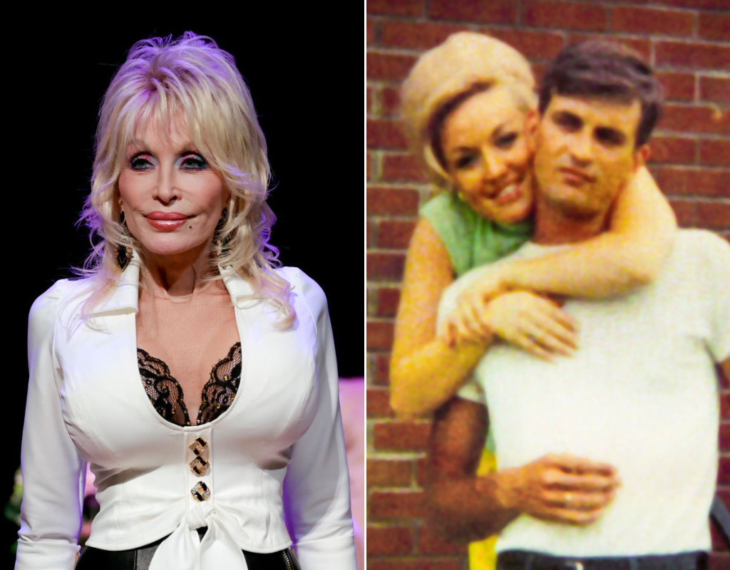 Dolly Parton (L) and a picture of Dolly Parton and her late husband