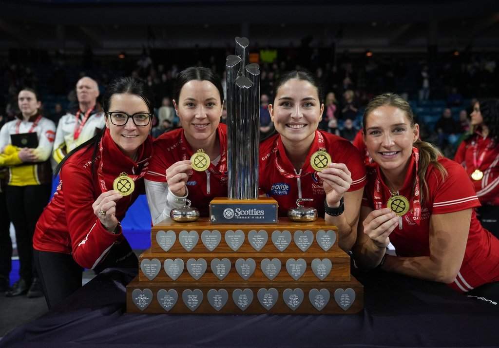 Team Canada skip Kerri Einarson, from left to right, third Val Sweeting, second Shannon Birchard and lead Briane Harris pose with their gold medals and the trophy after defeating Manitoba in the final at the Scotties Tournament of Hearts in Kamloops, B.C., on Sunday, February 26, 2023.