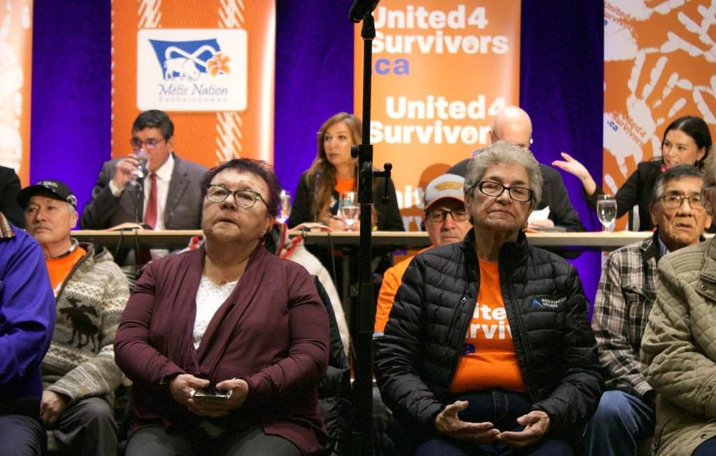 Survivors of a boarding school that housed Métis and First Nations children in Saskatchewan attend a media update event in Whitecap, Sask., Tuesday, Jan.24, 2023. Survivors launched a class-action lawsuit for the harms they suffered in the institution. THE CANADIAN PRESS/Kelly MaloneTHE CANADIAN PRESS/Kelly Malone.