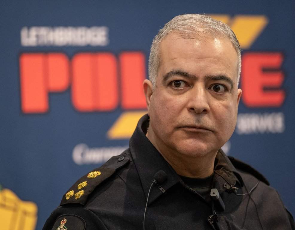 Lethbridge Police Chief Shahin Mehdizadeh speaks during a news conference in Lethbridge, Alta., on Wednesday, March 10, 2021. 