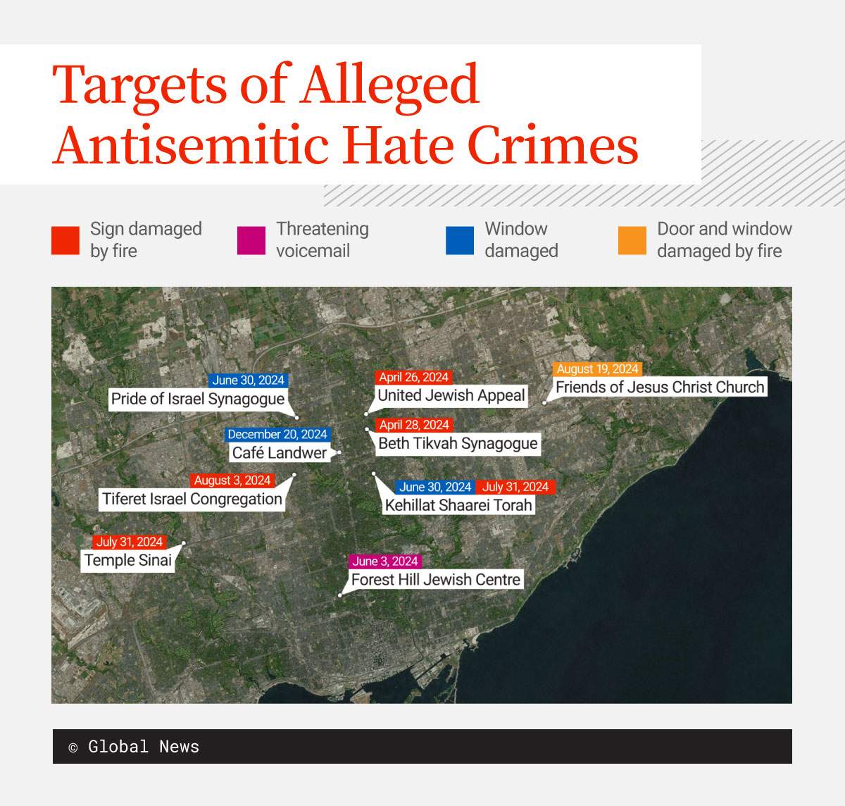 Toronto locations allegedly targeted by Amir Arvahi Azar in 2024.