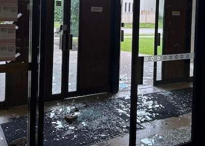 Damage to Pride of Israel synagogue in Toronto on June 30, 2024 that was allegedly part of an antisemitic hate crime spree by Amir Arvahi Azar.