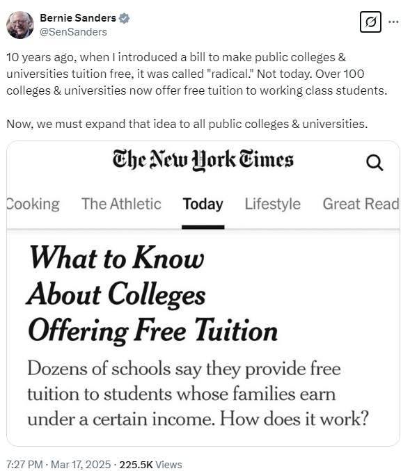 A screenshot of Bernie Sander's post on X.
