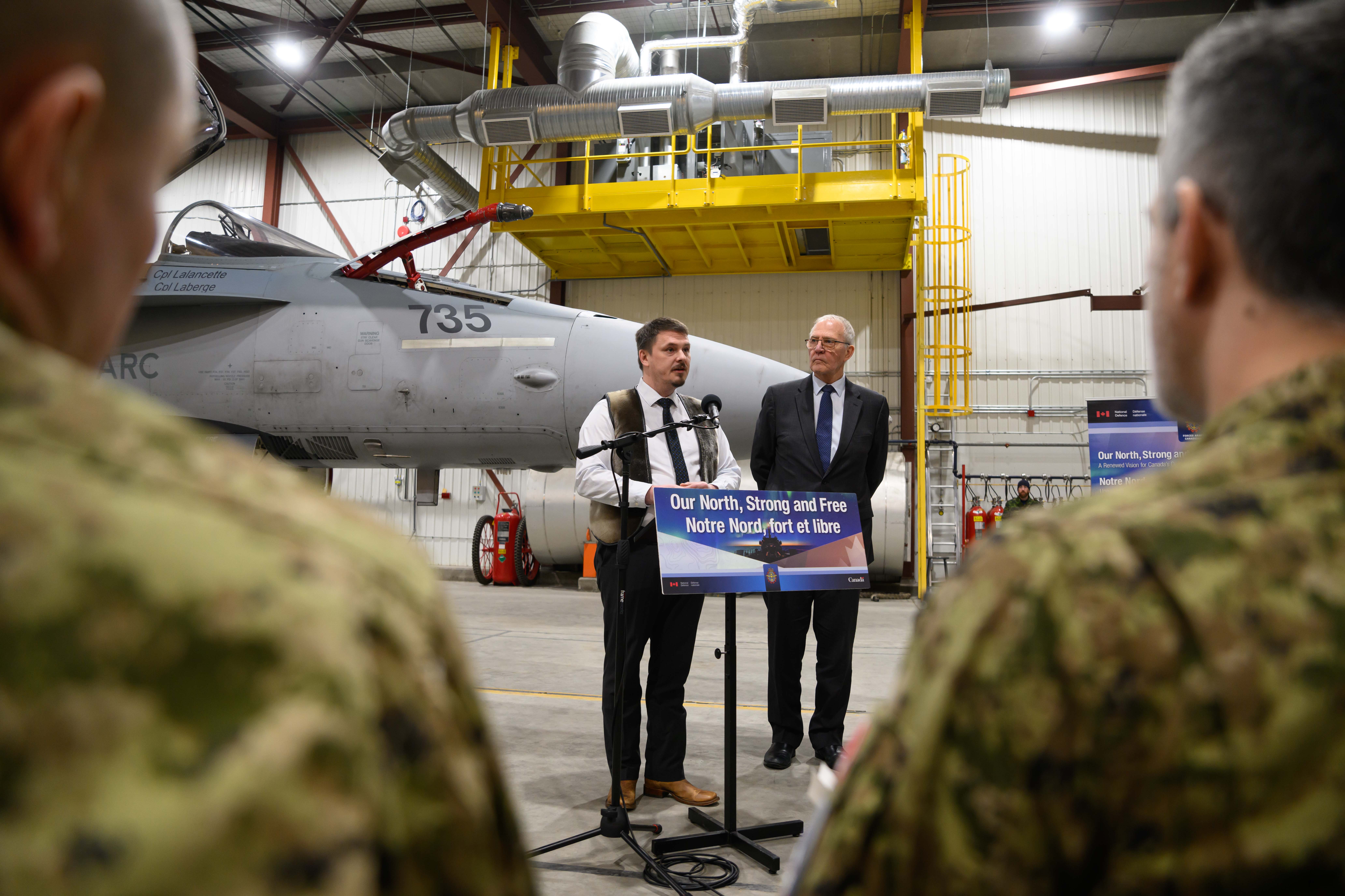 Defence Minister Bill Blair and Nunavut Premier P.J. Akeeagok speak to the media following an announcement about increasing the Canadian Armed Forces’ presence and readiness across the Arctic and the North during a press conference in Iqaluit on Thursday, March 6, 2025.