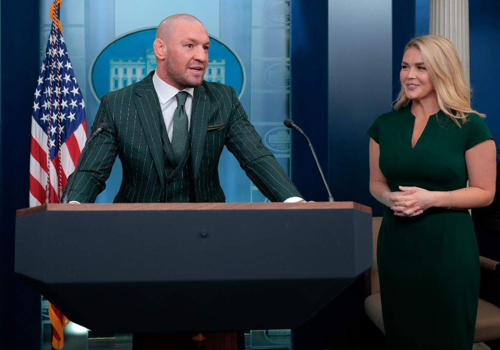 Former UFC champion and Irish businessman Conor McGregor briefly speaks with reporters alongside White House Press Secretary Karoline Leavitt before meeting with President Donald Trump in the Brady Press Briefing Room at the White House on Saint Patrick's Day, March 17, 2025 in Washington, DC.