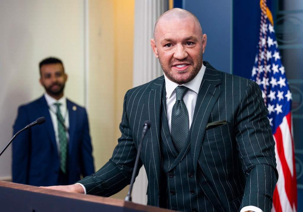 UFC fighter Conor McGregor speaks in the James S. Brady Press Briefing Room of the White House in Washington, DC, US, on Monday, March 17, 2025.