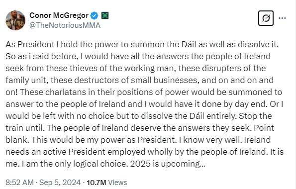 A screenshot of Conor McGregor's post on X in September 2024.