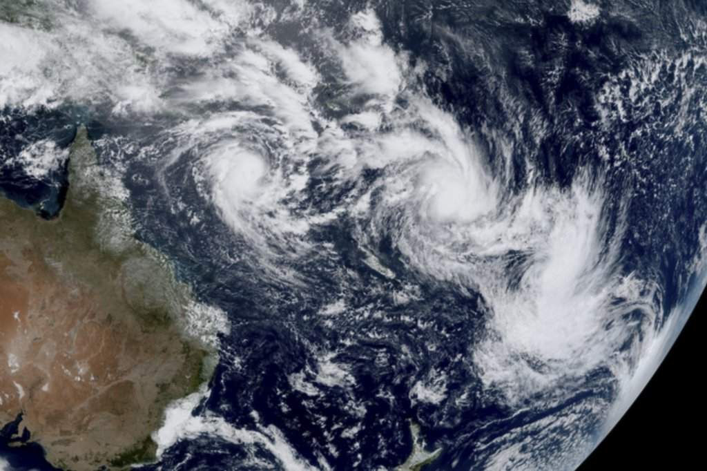 FILE - In this satellite image provided by CSU/CIRA & NOAA taken 1:10 GMT on Feb. 25, 2025, shows three cyclones, from left, Alfred, Seru and Rae east of Australia in the South Pacific.