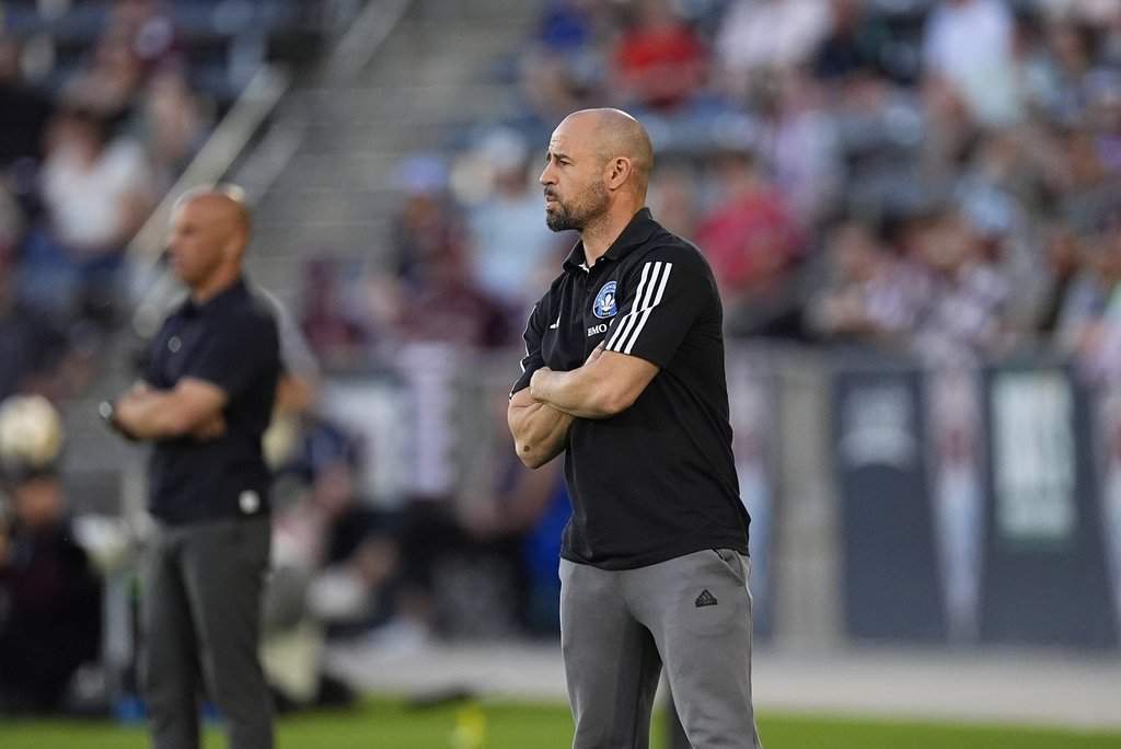 CF Montréal head coach Laurent Courtois in the first half of an MLS soccer match Saturday, June 22, 2024, in Commerce City, Colo.