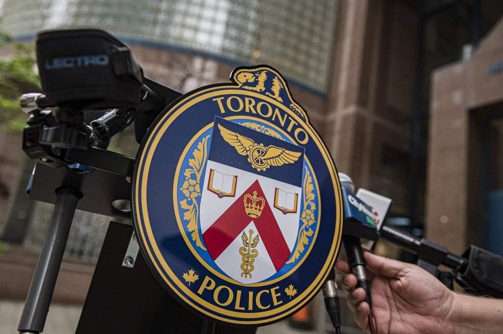 The Toronto Police Services emblem is photographed during a press conference at TPS headquarters, in Toronto, Tuesday, May 17, 2022. THE CANADIAN PRESS/Christopher Katsarov.