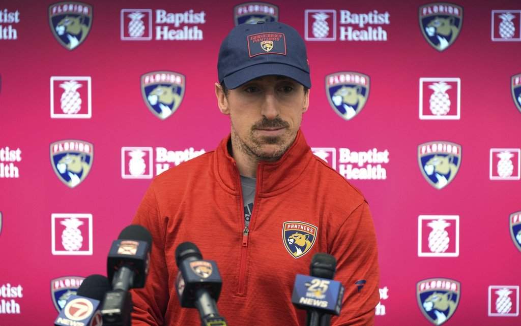 Florida Panthers forward Brad Marchand, who was acquired in a trade by the Panthers from the Boston Bruins last Friday, speaks during a news conference Monday, March 10, 2025, in Fort Lauderdale, Fla.