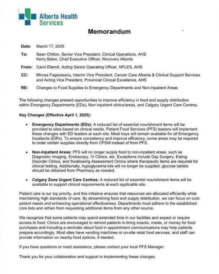 A copy of the AHS memo, obtained by Global News, outlining changes to it's food distribution policies for emergency departments, urgent care centres and other outpatient services.