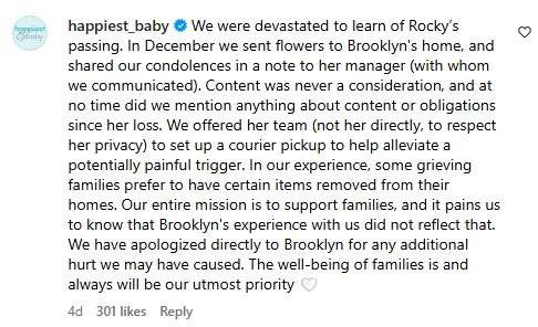 A screenshot of Happiest Baby's comment on their latest Instagram post.