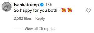 A screenshot of Ivanka Trump's comment on Tiger Woods' Instagram post.