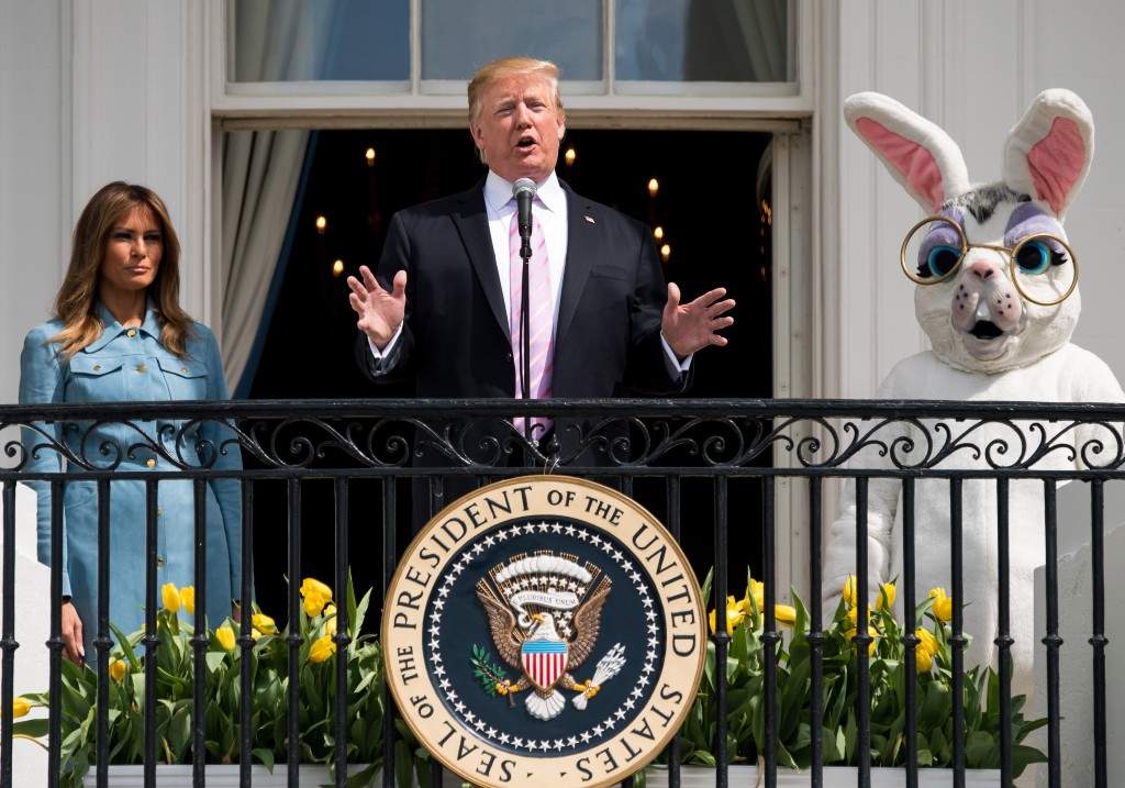 U.S. President Donald Trump speaks from the Truman Balcony during the Easter Egg Roll on the South Lawn of the White House in Washington, D.C., U.S., on Monday, April 22, 2019.